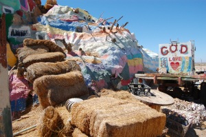 Bales of hay, windows, trees, ???