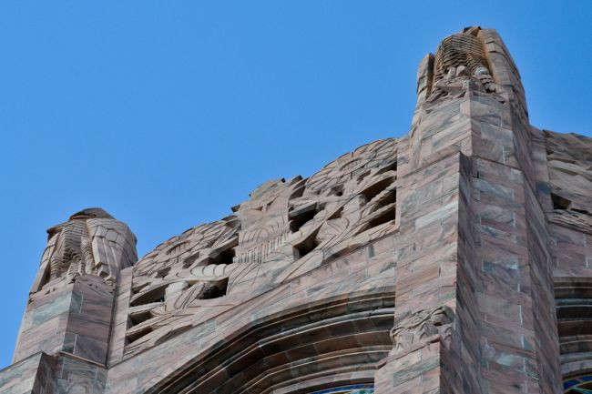 Stone carvings along the parapet of Bok Tower, Florida.