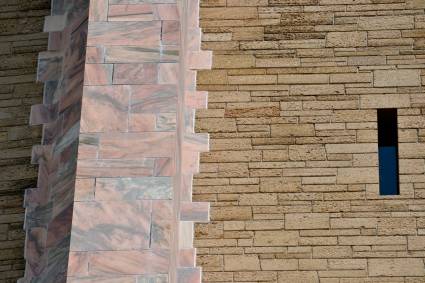 Slit window, coquina and marble, Bok Tower, Florida.