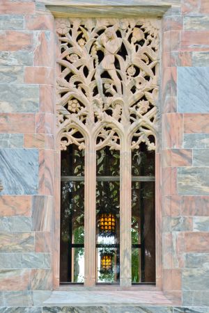 Ground level, west window, Bok Tower, Florida.